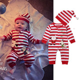 Striped Xmas Romper Newborn Cotton Clothes Baby Boy Girl Christmas Romper Jumpsuit Hat 2pcs Clothes Outfit