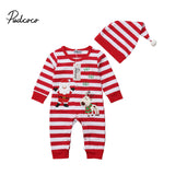 Striped Xmas Romper Newborn Cotton Clothes Baby Boy Girl Christmas Romper Jumpsuit Hat 2pcs Clothes Outfit
